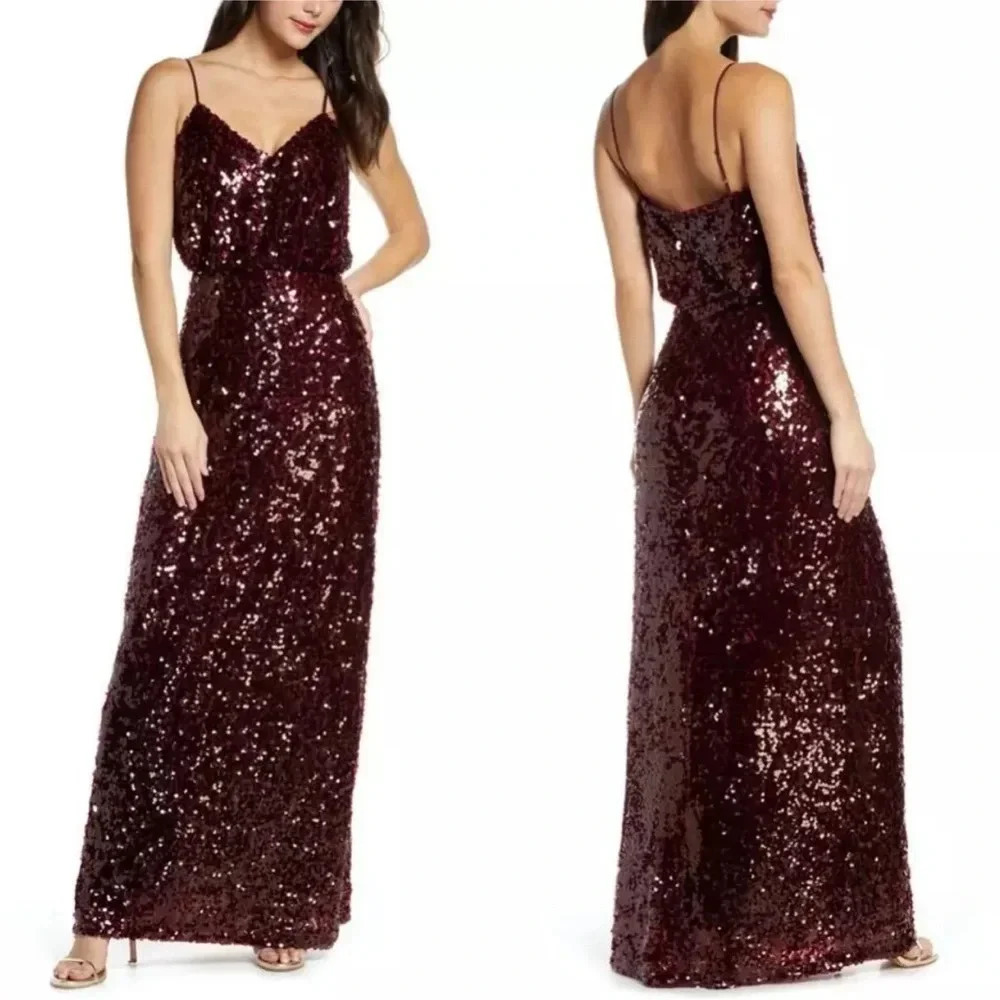 Betsy & Adam Sequin Sleeveless V-neck Maxi Evening Dress Gown in burgundy size 4